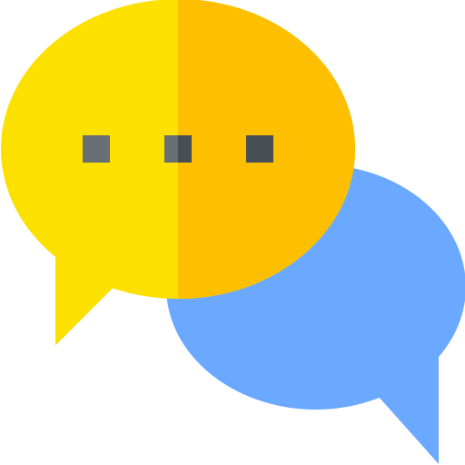Icon mit zwei Sprechblasen in Gelb und Blau für Dialog und Austausch.