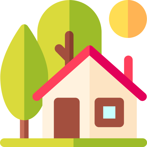 Icon eines kleinen Hauses mit roten Ziegeln vor grünen Bäumen und Sonne. Symbol für Geborgenheit und Zuhause.