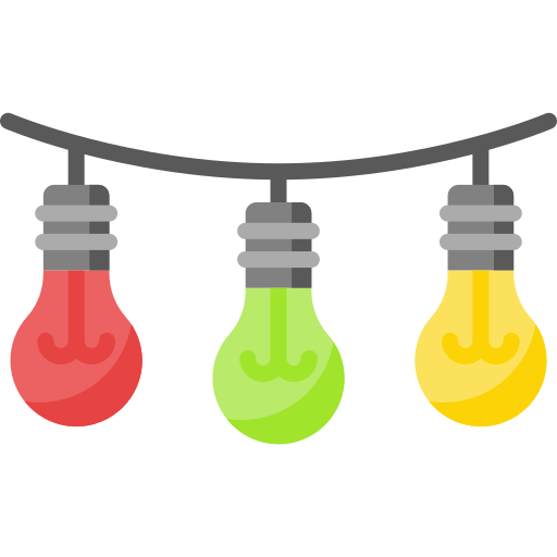 Icon einer bunten Lichterkette mit roten, grünen und gelben Glühbirnen für Kinderfeste und Veranstaltungen.