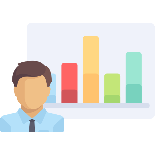 Icon einer Person vor einem bunten Balkendiagramm, steht für Öffentlichkeitsarbeit und Statistik.