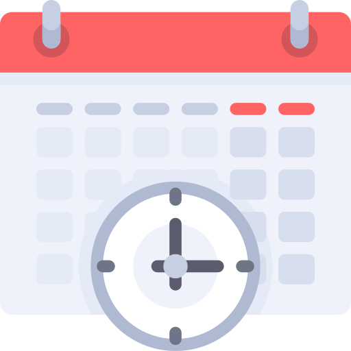 Icon eines Kalenders mit einer Uhr im Vordergrund für Termine und Veranstaltungen.